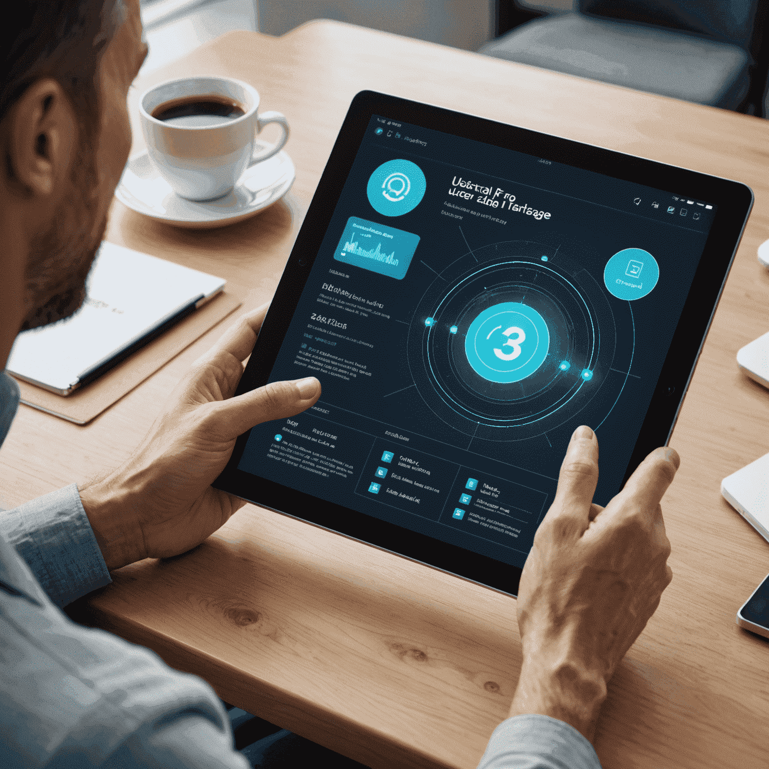 صورة توضيحية لواجهة اتصال رقمية سهلة الاستخدام، تظهر شخصًا يستخدم جهازًا لوحيًا مع واجهة مستخدم كبيرة وواضحة