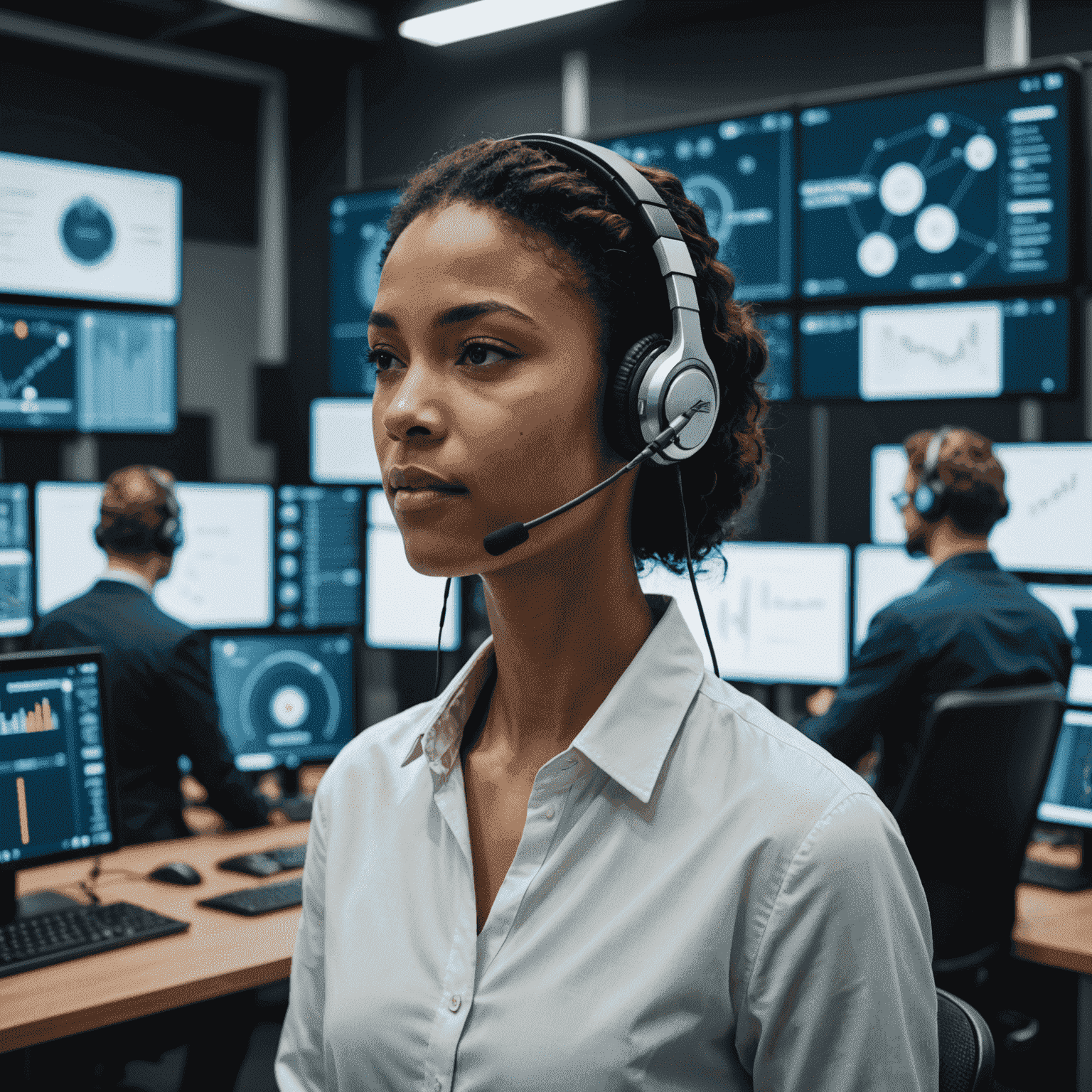 موظف يستخدم سماعة رأس متطورة متصلة بنظام اتصال صوتي، مع شاشات متعددة تعرض تحليلات المكالمات في الخلفية